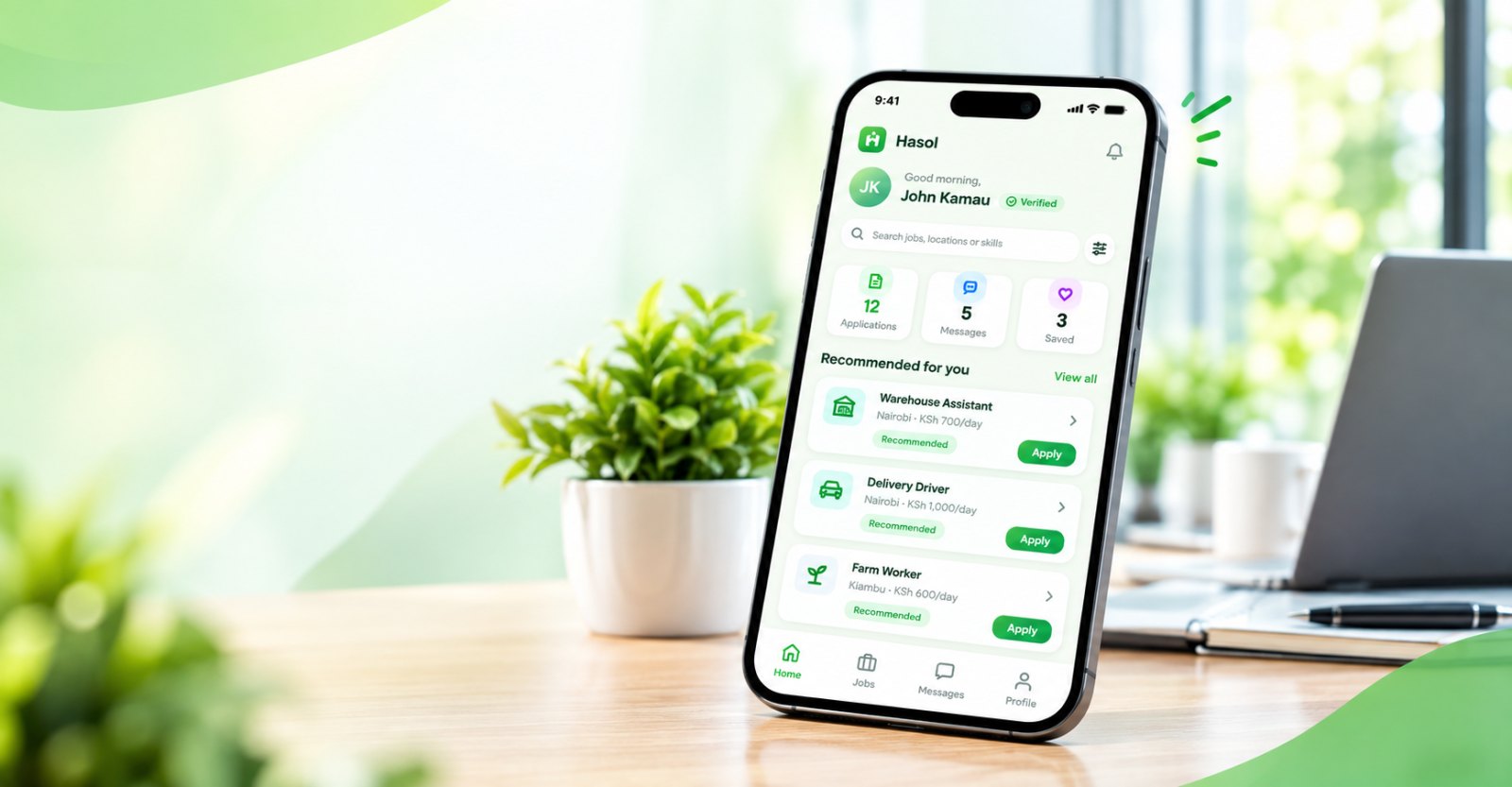 The Hasol app home screen showing recommended jobs in Kenya — Warehouse Assistant, Delivery Driver and Farm Worker with daily pay in KSh