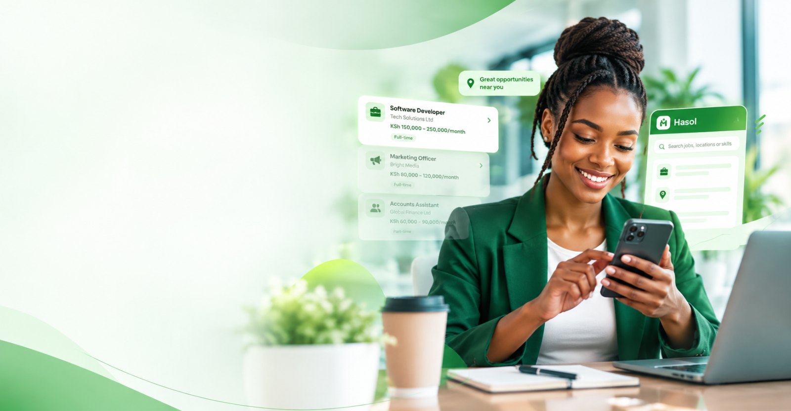 A jobseeker in Kenya using the Hasol app to browse jobs — Software Developer, Marketing Officer and Accounts Assistant roles paying in Kenyan Shillings